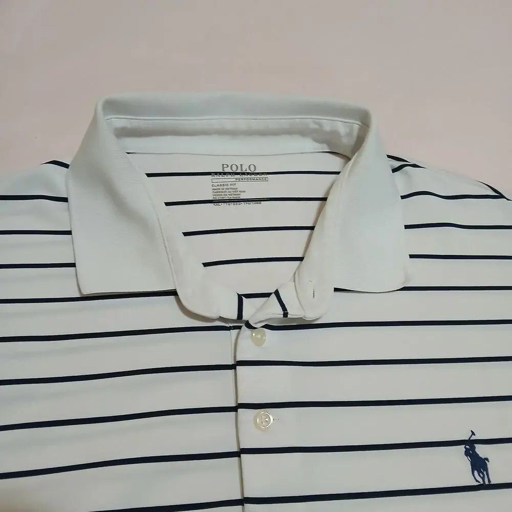 Polo Ralph Lauren Perfomance Shirt Men XXL White Striped Short Sleeve Pony Logo